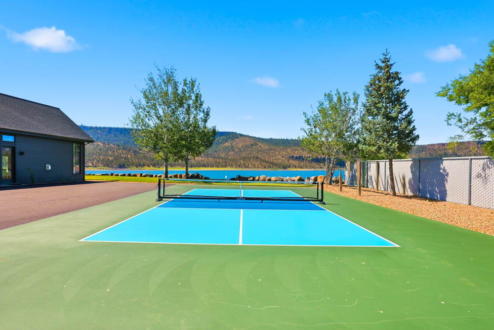 Pickleball court with reservoir views